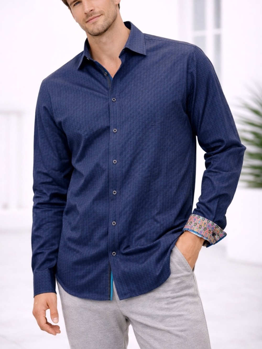 Robert Graham Dress Shirt Mens Size XLT Navy Blue Flip Cuff Geometric All over P